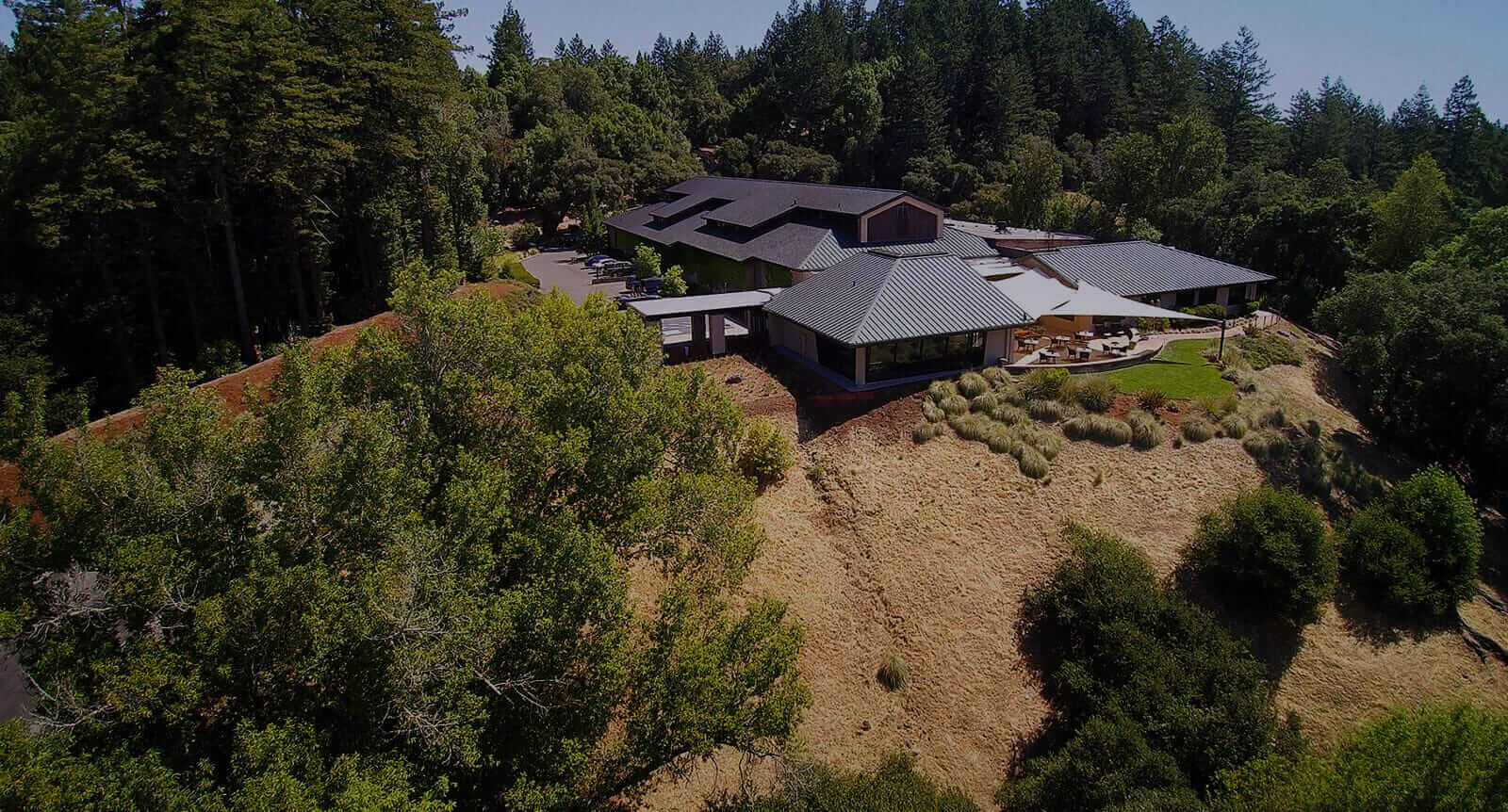 Overhead view of the Gary Farrell tasting salon on top of a hill in the Russian River Valley, serving vineyard designate Pinot Noir and Chardonnay
