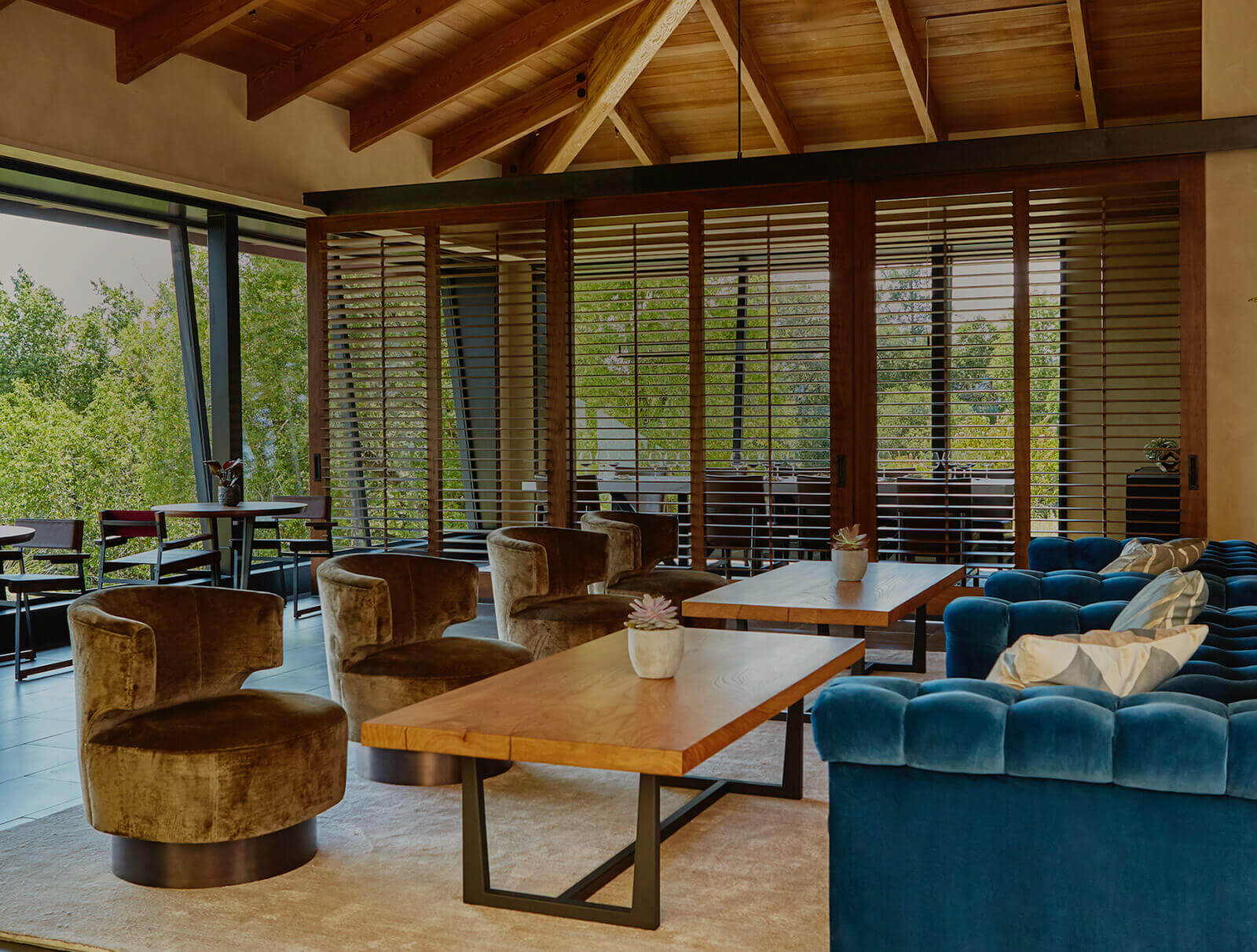 Interior view of the Gary Farrell Vineyards tasting salon in the Russian River Valley, set up for private tastings and wine education