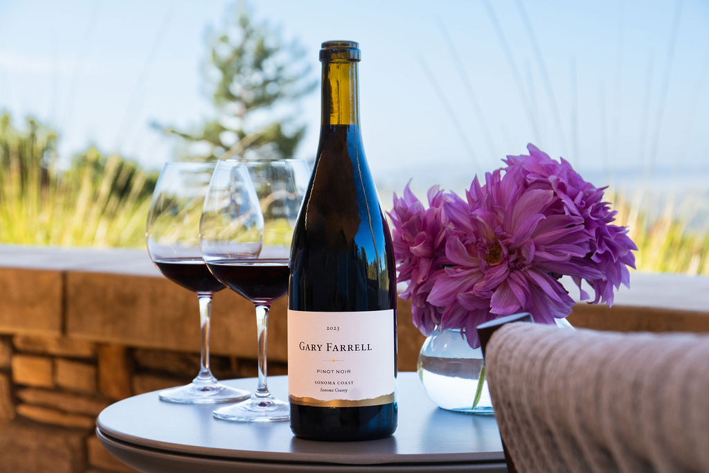 Bottle of Pinot Noir with two wine glasses sitting on an outside table
