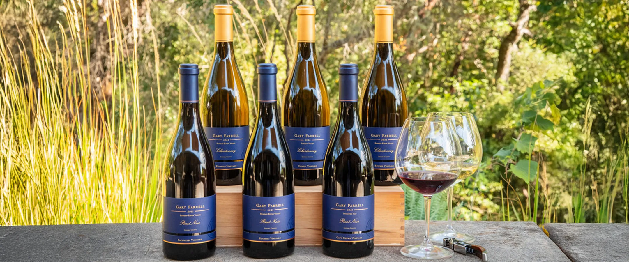 Line up of Gary Farrell wine bottles