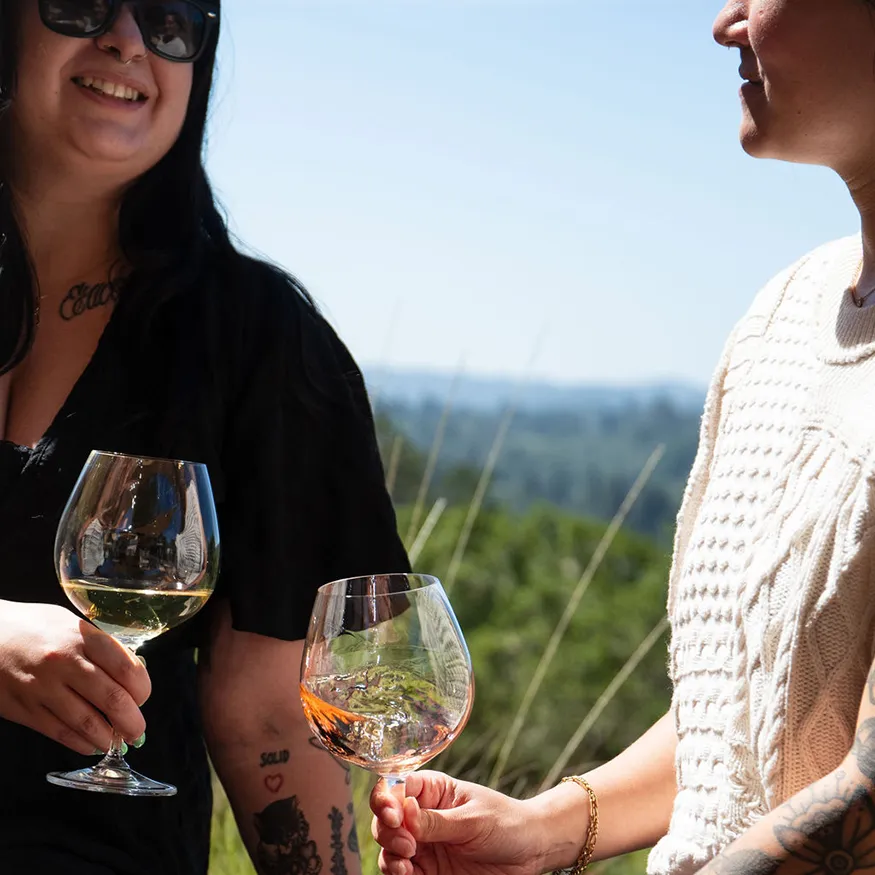 Two women chatting and drinking wine outdoors