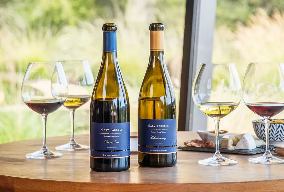 Two bottles of Gary Farrell wine on a table