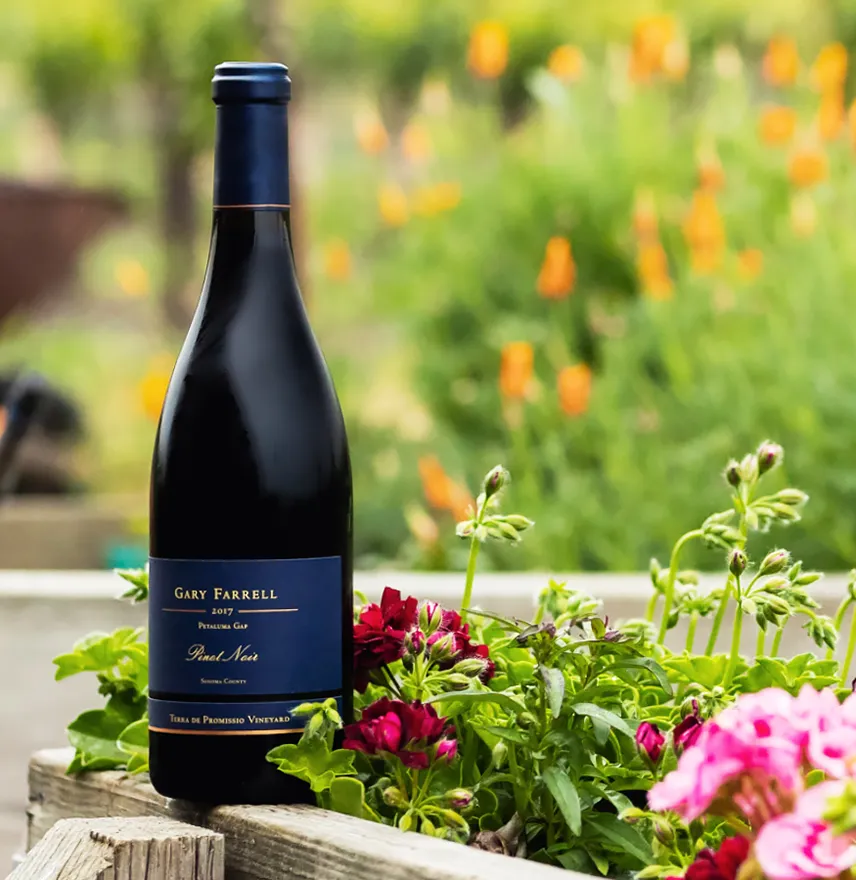 Bottle of Gary Farrell wine in the garden