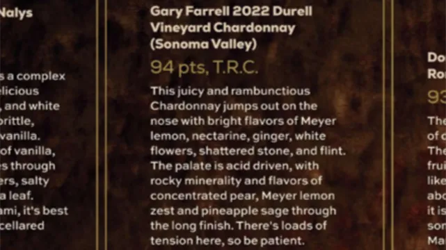 Gary Farrell 2022 Durell Vineyard Chardonnay: Wine Enthusiast Top 100 Cellar Selection