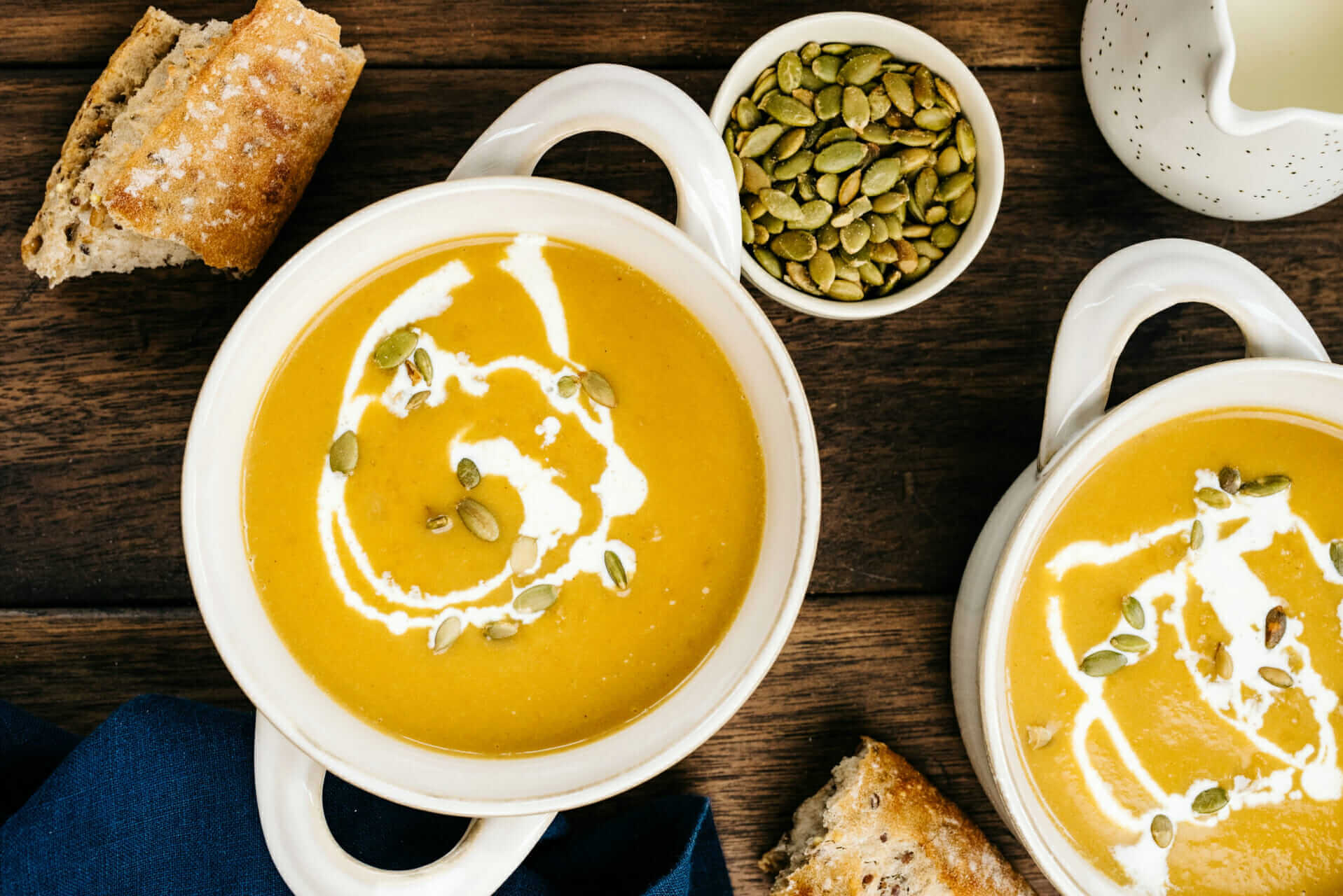 Roasted Butternut Squash Soup with Brown Butter Pears and Spicy Pumpkin Seeds