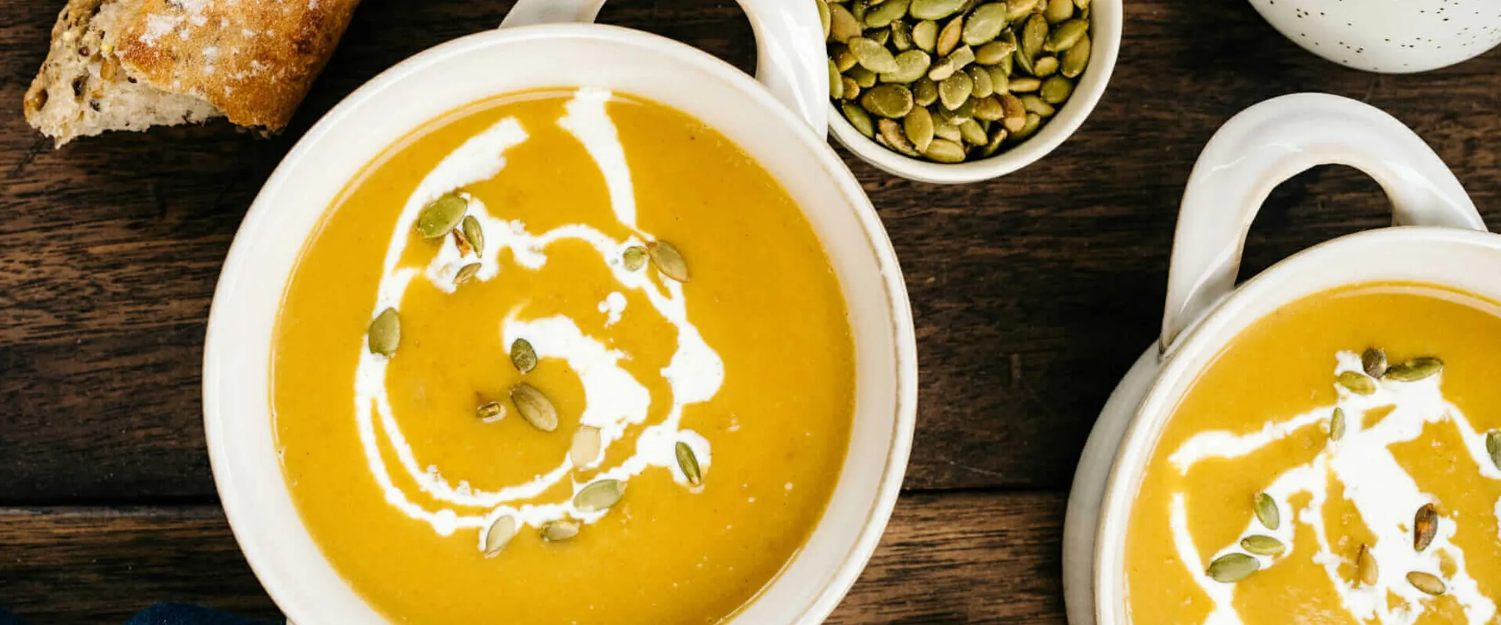 Roasted Butternut Squash Soup with Brown Butter Pears and Spicy Pumpkin Seeds