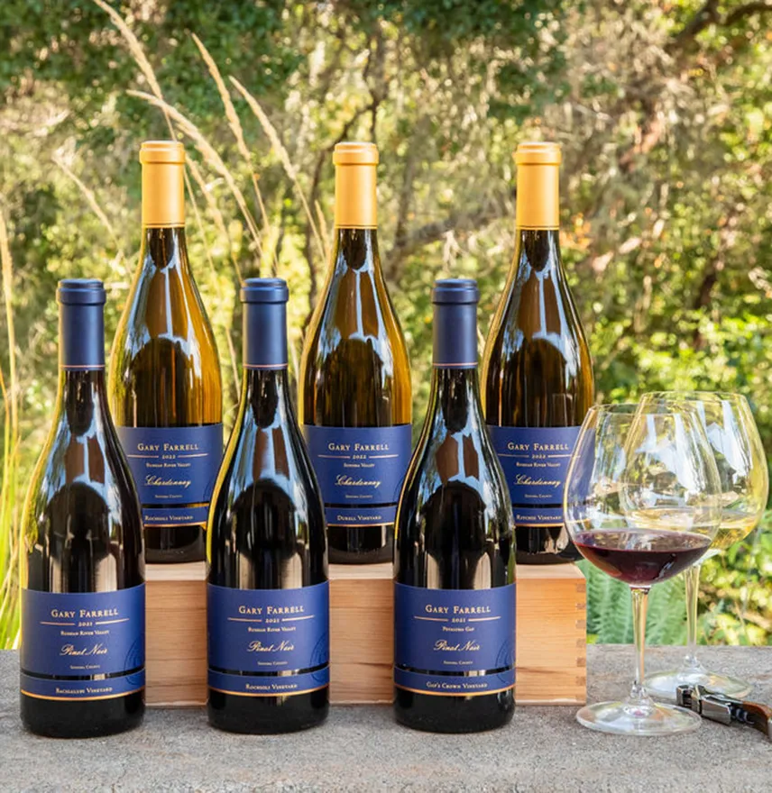 Line up of Gary Farrell wine bottles