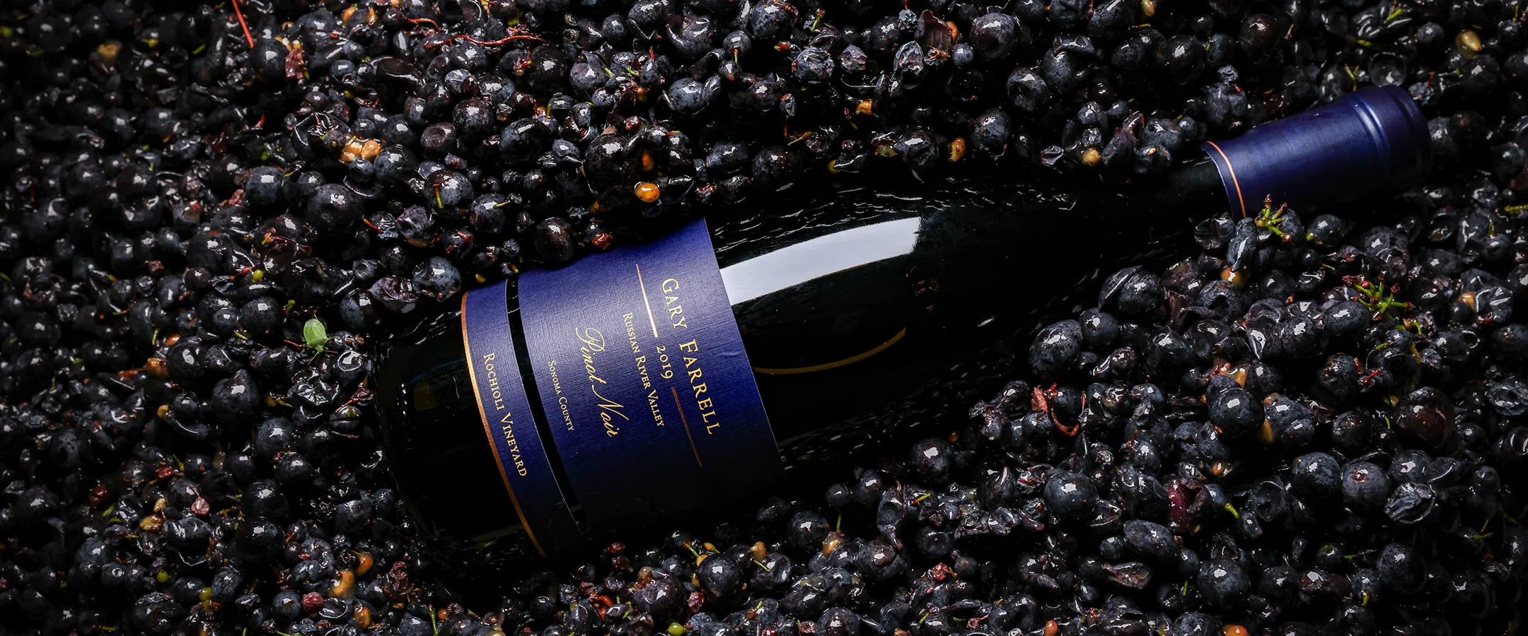 Gary Farrelll Rochioli Vineyard Pinot Noir Bottle in a bin of grapes