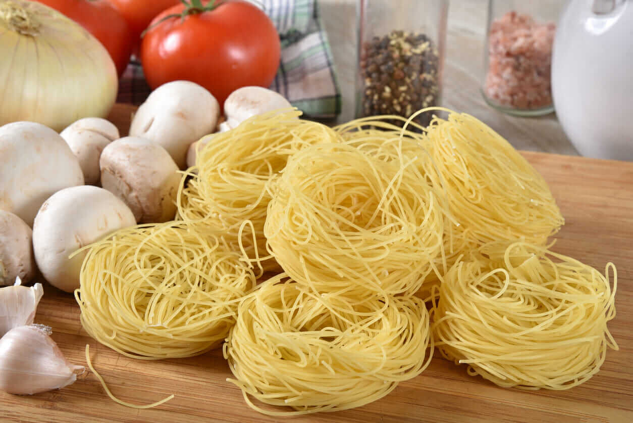 Veggie Angel Hair Pasta with Maitake Mushrooms and Parmesan