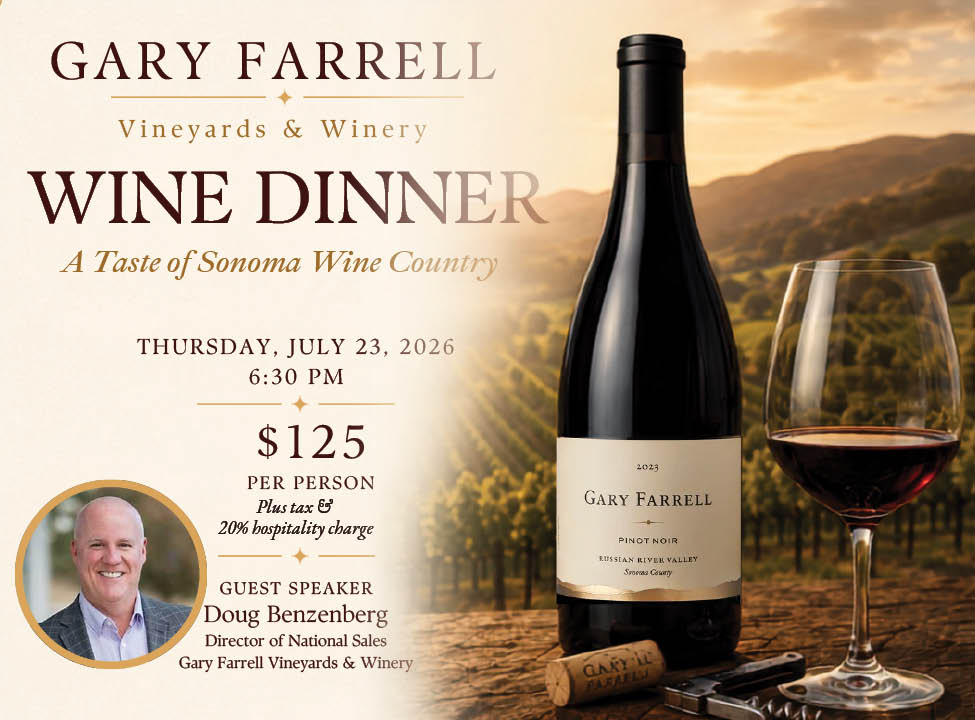 Event flyer for Wine Dinner at Abrusci's Fire & Vine with Gary Farrell Winery, July 23rd
