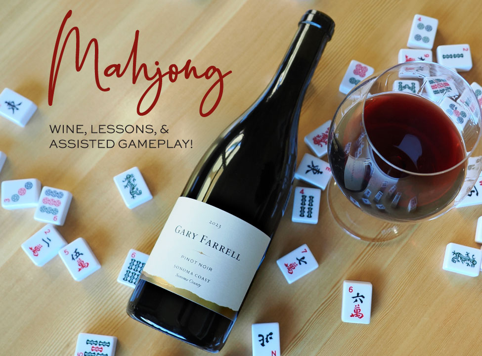 Bottle of Gary Farrell wine amongst mahjong tiles. Mahjong Night is September 10 from 6-8pm.