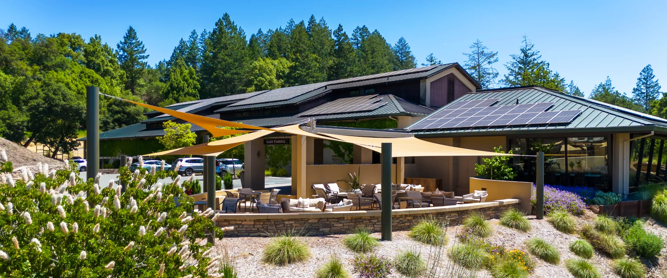 Gary Farrell winery exterior under a blue sky